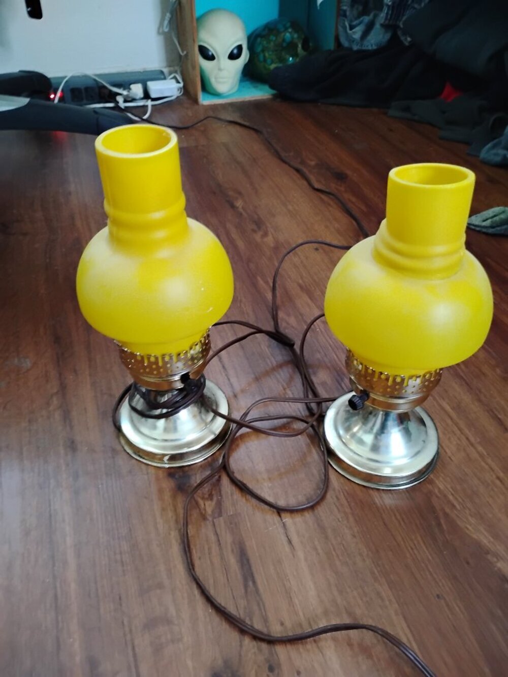 Vintage MCM Yellow Hurricane Electric Lamp Pair Set